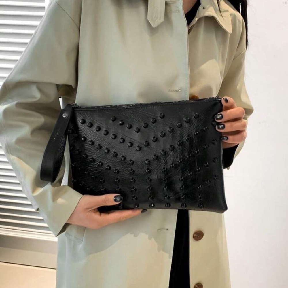 New Faux Leather Black Studded Clutch Handbag Punk Y2K